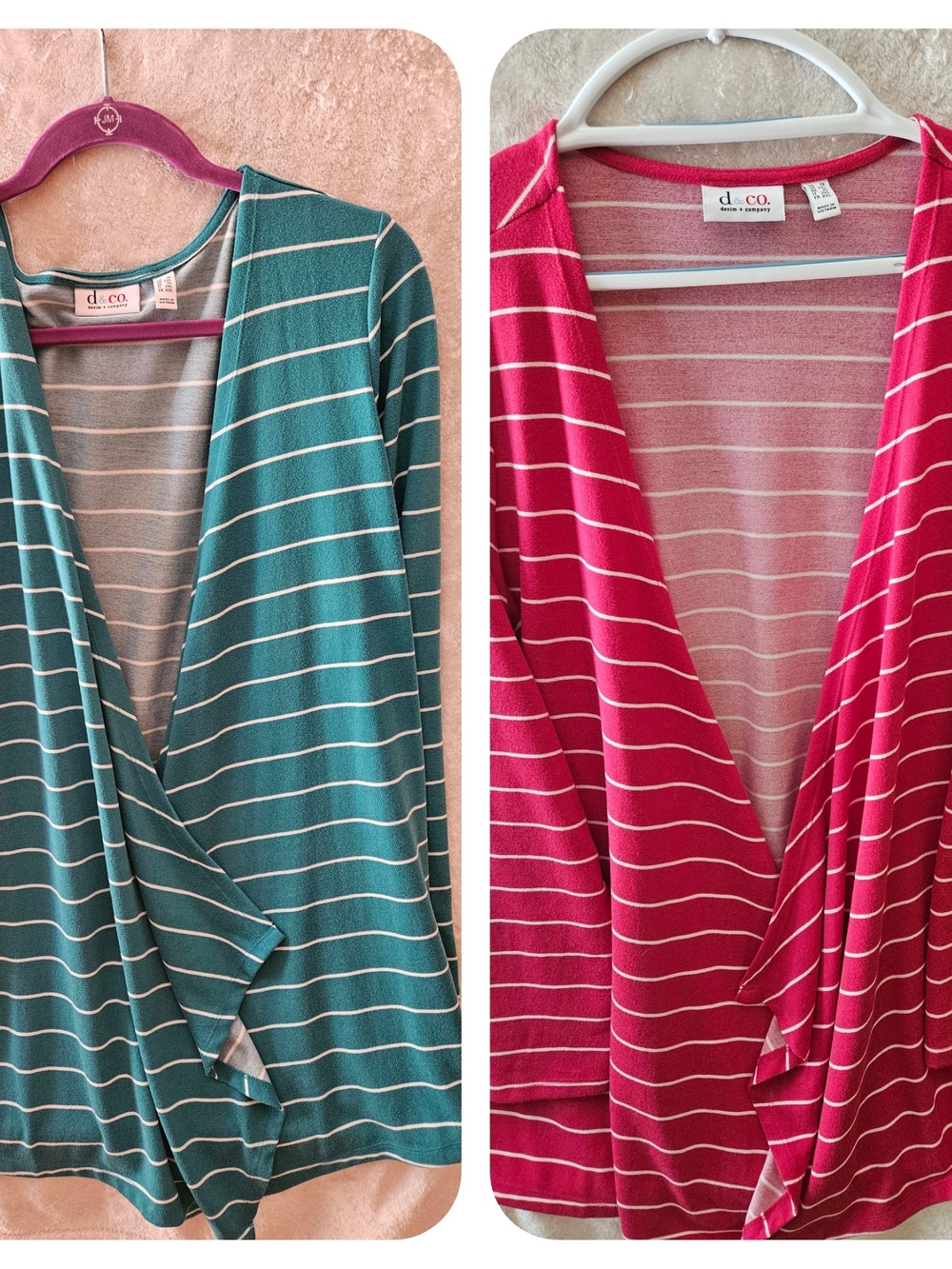 2 Striped Cardigan Sweaters - Teal and Pink By Denim And CO